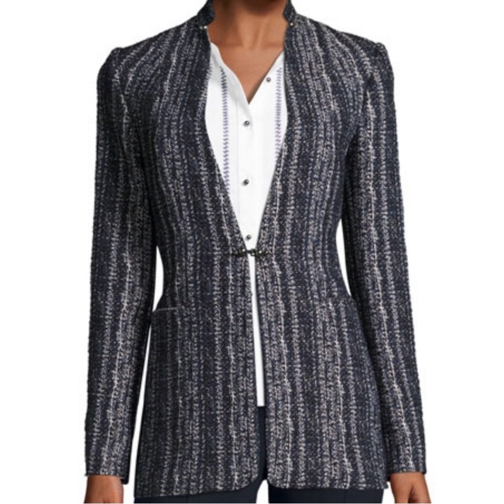 Elie Tahari Bonnie Tweed Blazer Jacket Metallic size 2 blue navy